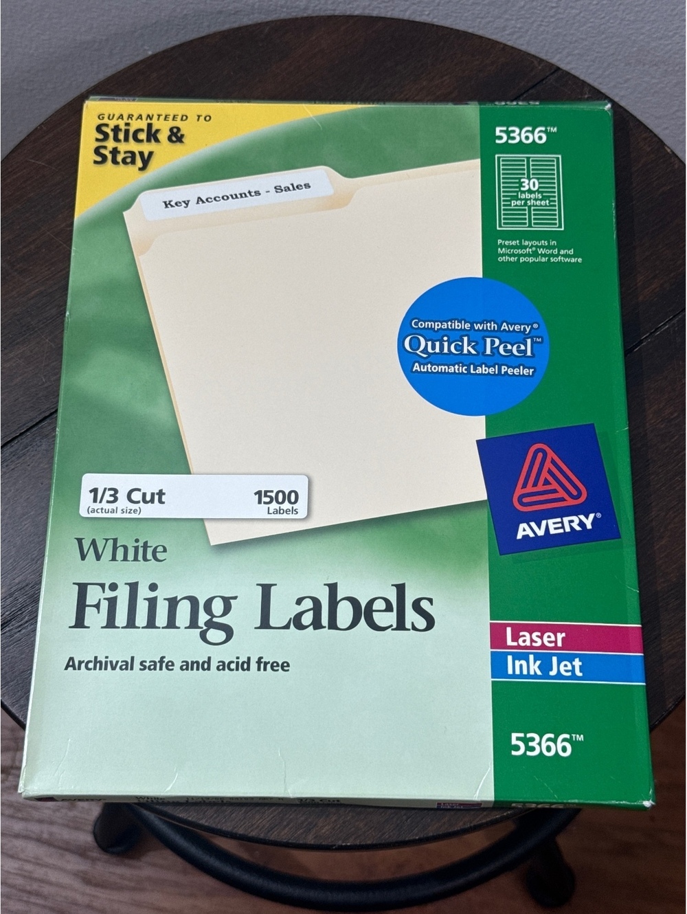 Avery TrueBlock Laser Ink Jet White Filing Labels #5366 1/3 Cut 1500 Labels
